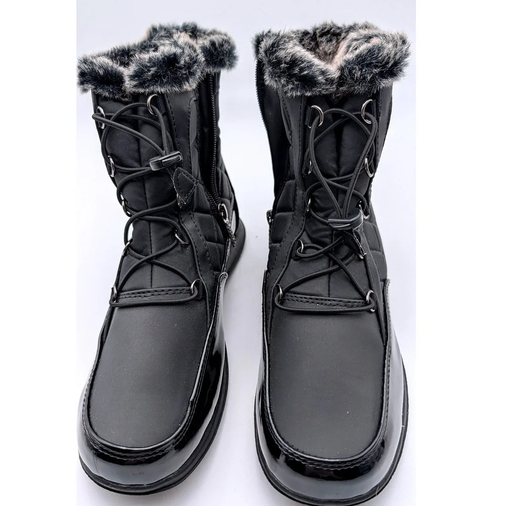 Sporto Iceland Womens Black Quilted Winter Boots Faux Fur Trim Size 10W Wide